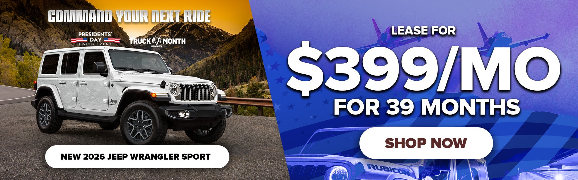 Lease for $399/Mo for 39 Mo. | New 2026 Jeep Wrangler Sport