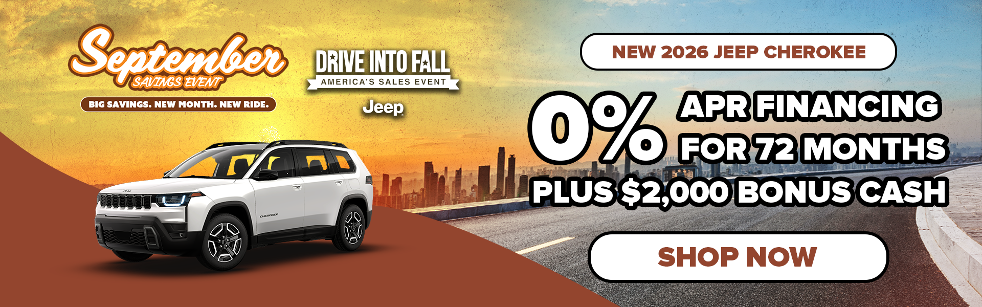 0% APR/72 Mo + $4,500 Bonus Cash | 2026 Jeep Cherokee